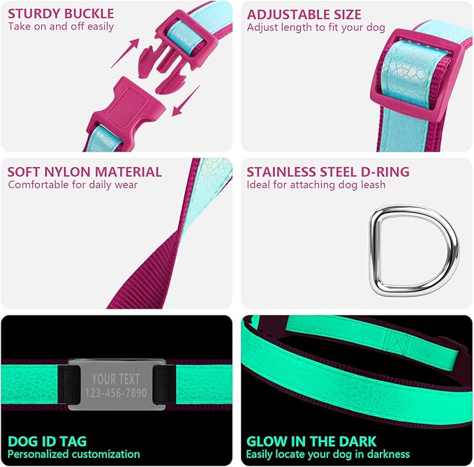 Custom Glow in The Dark Dog Collar with Name & Phone Number, Personalized Reflective Dog Collar for Small Medium Large Dog, Light Up Pet Collar with Engraved ID Tag
