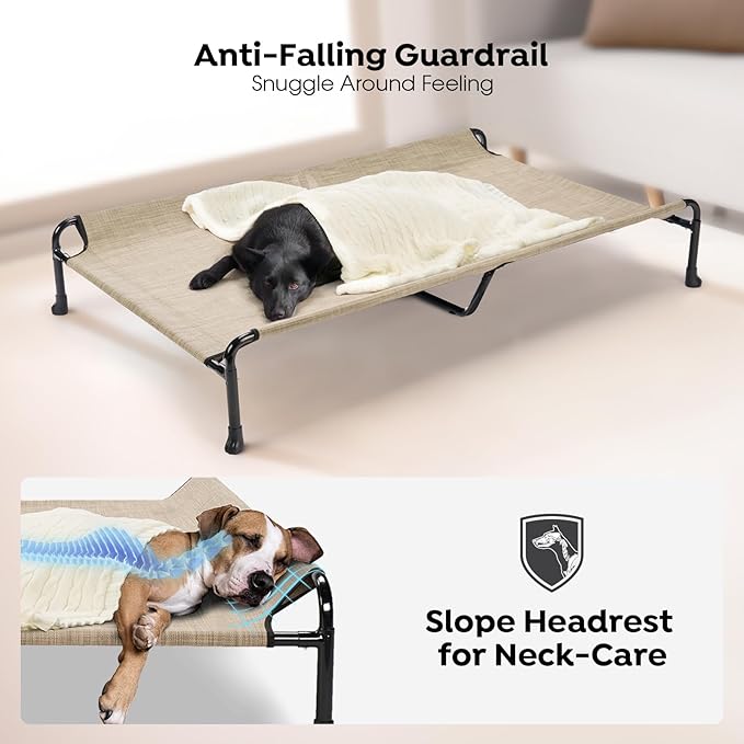 Veehoo Elevated Dog Bed, Raised Dog Cots for Large Dogs, Waterproof Outdoor Dogs Bed, Cooling Pet Hammock with Guardrail, Upgraded Non-Slip Feet, Breathable Teslin Mesh, Beige, 47 x 29 inches