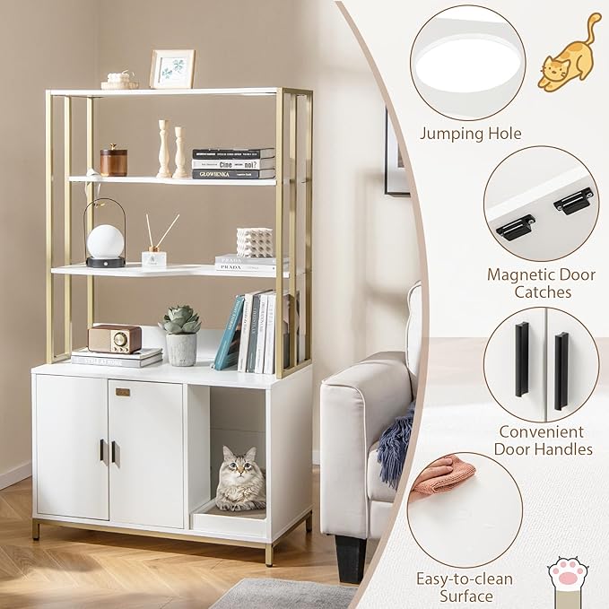 PETSITE Cat Litter Box Furniture with 3 Shelves and Doors, 61 inch Tall Cat Box Enclosure with Display Shelves, Scratching Pad, Indoor Hidden Litter Box with Decorative Storage Shelving (White)