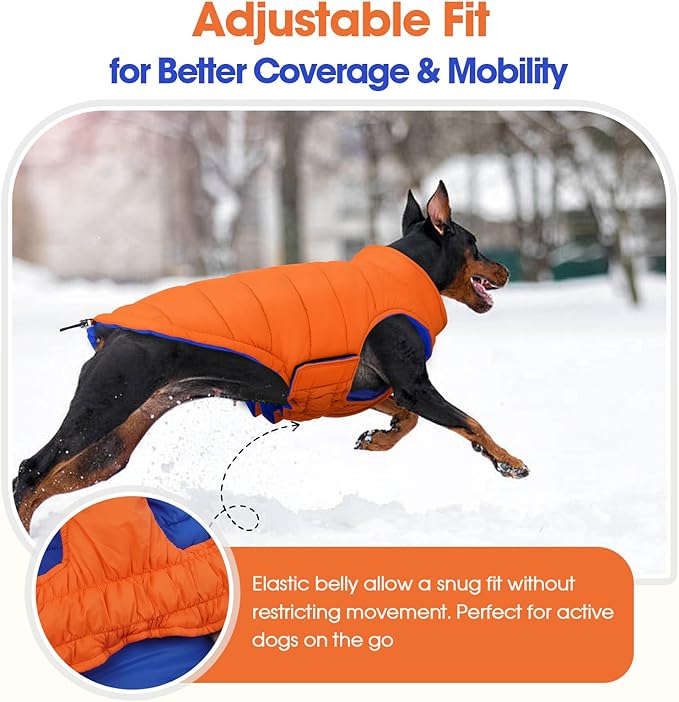 QBLEEV Reversible Dog Jacket for Small Dogs, Waterproof Windproof Warm Winter Coat with Adjustable Fit & Leash Hole, Lightweight Reversible Puffer Vest, Orange, S – Fits Yorkie, Shih Tzu