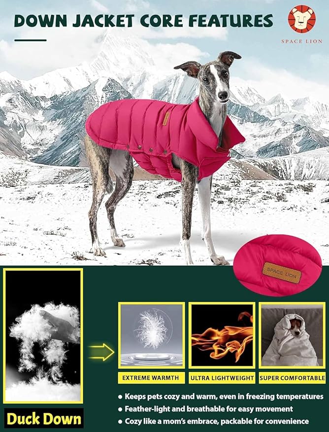 SPACE LION Dog Puffer Jacket, Down Winter Coat, Durable Outdoor Coat for Cold and Windy Conditions, Lightweight & Adjustable Fit Coats for Medium & Large Dogs, (Chili, Size 16 Gift Box)