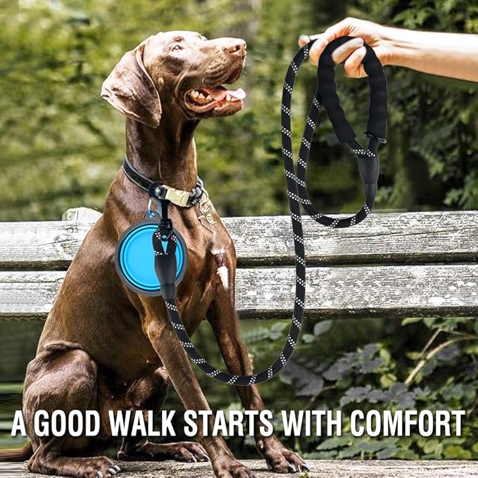 COOYOO 2 Pack Dog Leash 6 FT Heavy Duty - Comfortable Padded Handle - Reflective Dog Leash for Medium Large Dogs with Collapsible Pet Bowl Set 2-Black+Blue