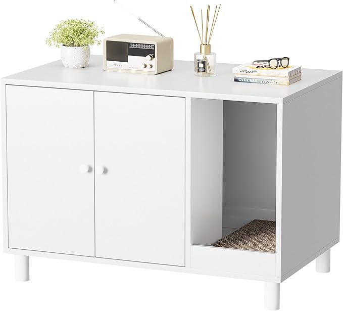 WARCAT Cat Litter Box Enclosure, Modern Hidden Litter Box Enclosure Furniture, Hidden Washroom with Scratch Pad, Barn Door Design, Indoor Cat House & End Table (White)