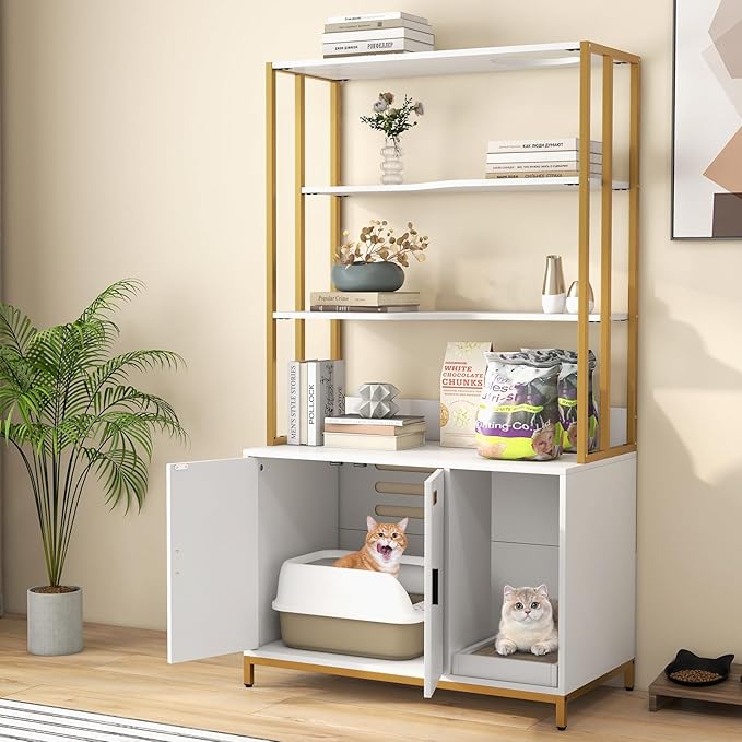 PETSITE Cat Litter Box Furniture with 3 Shelves and Doors, 61 inch Tall Cat Box Enclosure with Display Shelves, Scratching Pad, Indoor Hidden Litter Box with Decorative Storage Shelving (White)