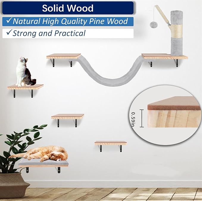 Cat Wall Shelves, Solid Wood Cat Wall Furniture Set, with Cats Bed, Hammock, Felt Ladder, Sisal Scratching Post & Ball (Grey)