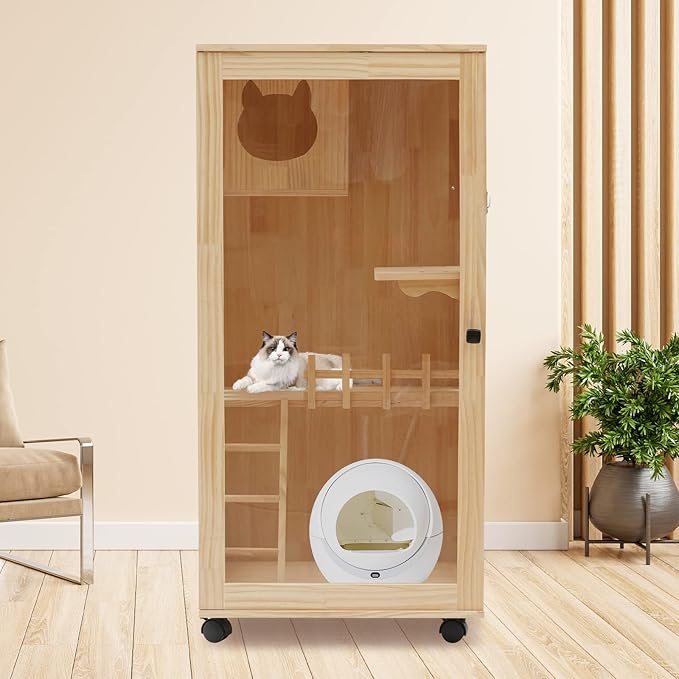 Large Wooden Cat House, Luxury Multi-Feature Cat Condo with Cat Scratching Posts, Oversized Indoor Villa Enclosed Design with Wheels and Ventilation Doors