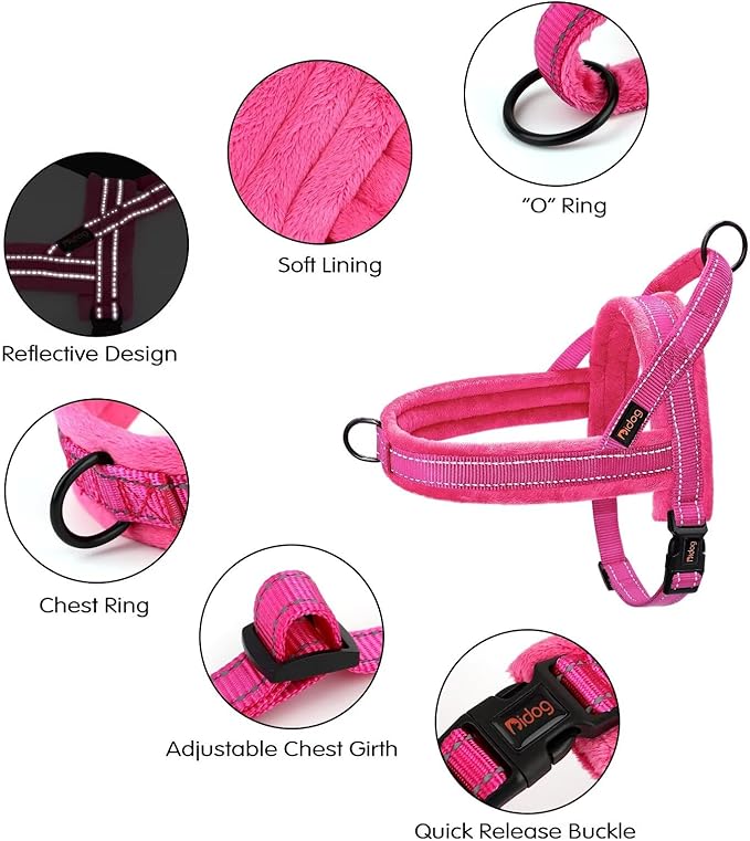 Didog Soft Flannel Padded Dog Vest Harness, Escape Proof/Quick Fit Reflective Dog Strap Harness,Easy for Training Walking,Hot Pink S Size