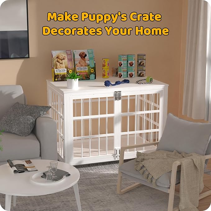 Heave Duty Dog Crate Furniture, Various Sizes & Colors Optional, Indestructible Cage for High Anxiety Dogs with Wooden Table for Indoor Decorative, Escape-Proof Locks & Double Door for Large Dogs