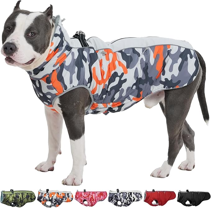Dog Coat Dog Winter Jacket-3X Large, Warm Dog Coat Zip Up Snowsuit Dog Harness Vest Reflective Water-Resistant Dog Coat Dog Snow Jacket for Large Dogs Labrador, Huskyn, Orange-Camouflage