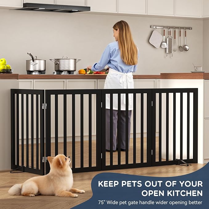 Homykic Bamboo Freestanding Dog Gate, No Assembly Pet Gate Indoor, 24”H x 75”W Extra Wide Foldable Puppy Barrier Fence with Support Feet for The House, Doorways Stairs, 4 Panels, No Drilling, Black