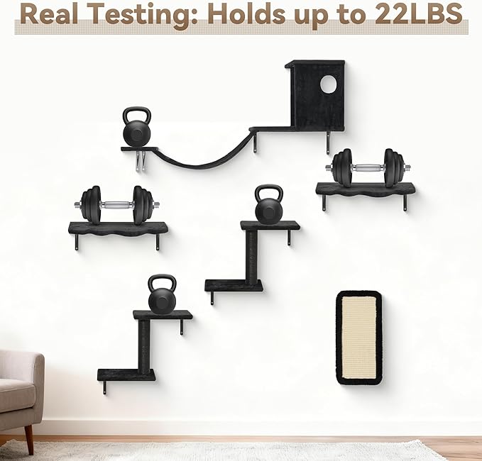 6-in-1 Cat Wall Shelves, Wall-Mounted Cat Furniture for Indoor Kittens, Modern Floating Shelves with Scratching Posts, Bed, Perch, Bridge, Condo, Steps and Scratcher, Space-Saving Gym, Black