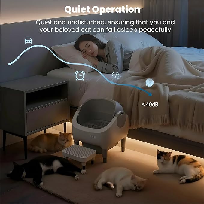 Self Cleaning Litter Box, App Control, Automatic Litter Box with Step, Odor-Free Includes Large Waste Bin and Trash Bags, Open Top Large Capacity for Multiple Cats, Quiet Operation, Safety Protection