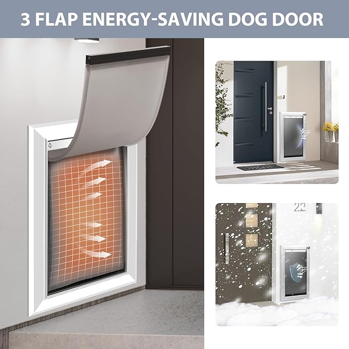 [Petoasis] 3-Flaps Dog Door for Wall, Rust Proof Aluminum Alloy Frame, Extreme Weather Dog Door Can Block Wind, Snow, and Rainwater Intrusion (Silvery White, XL for Wall)