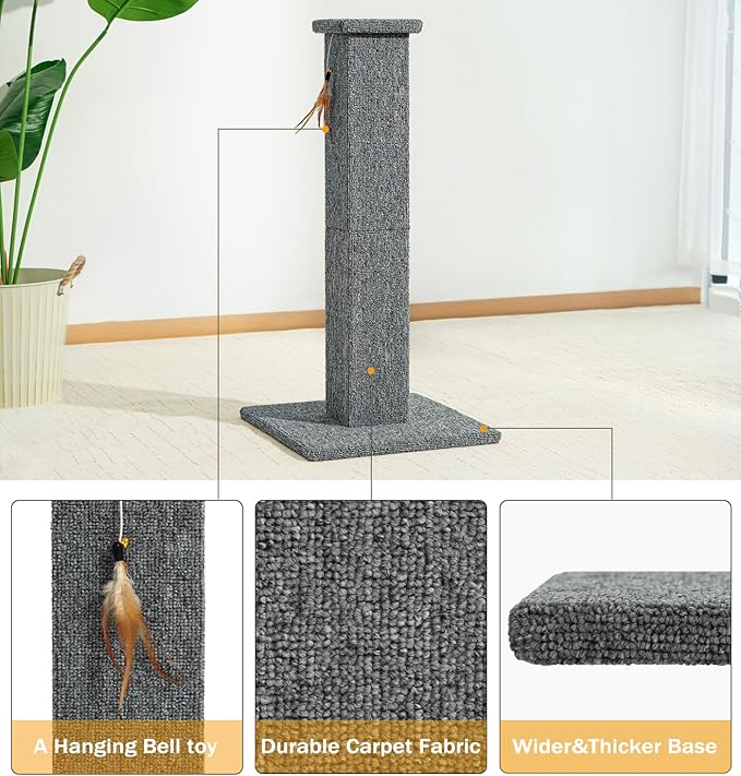 Made4Pets Cat Scratching Post, 32 Inch Carpet Covered Cat Scratcher with Kitten Toy, Tall Scratching Post for Indoor Cats Adults and Kittens, Grey