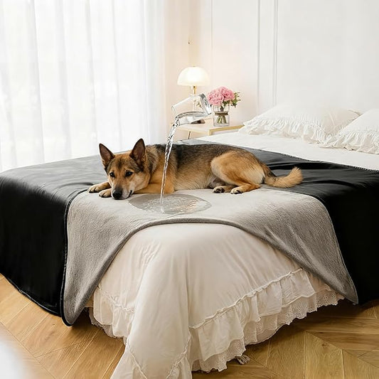 Waterproof Blanket for Bed, Leak Proof Dog Couch Blankets Reversible, Pet Throw Sofa Furniture Protector Machine Washable-82 x120,Black+Lightgrey