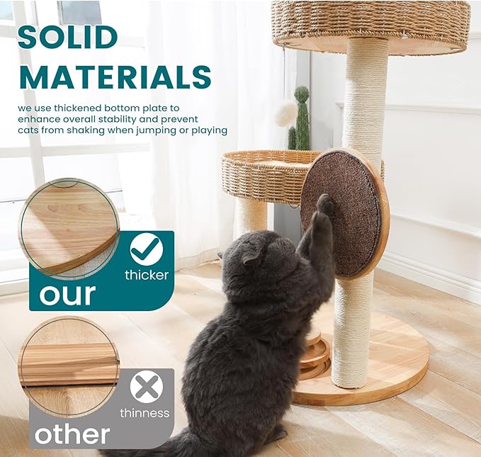 Solid Wood Cat Tree,Modern Cat Tower with Scratching Posts, Hand-Woven Beds & Toys | Heavy-Duty 20lbs Capacity,Indoor Cat Furniture for Big Cats