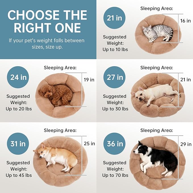 OhGeni 27 inches Calming Donut Dog & Cat Bed for Medium Pets, Warming Comfort Fluffy Short Pile Fur, Durable Machine Washable Round Bed, Cute Round Bed for Puppy and Kitten, Camel