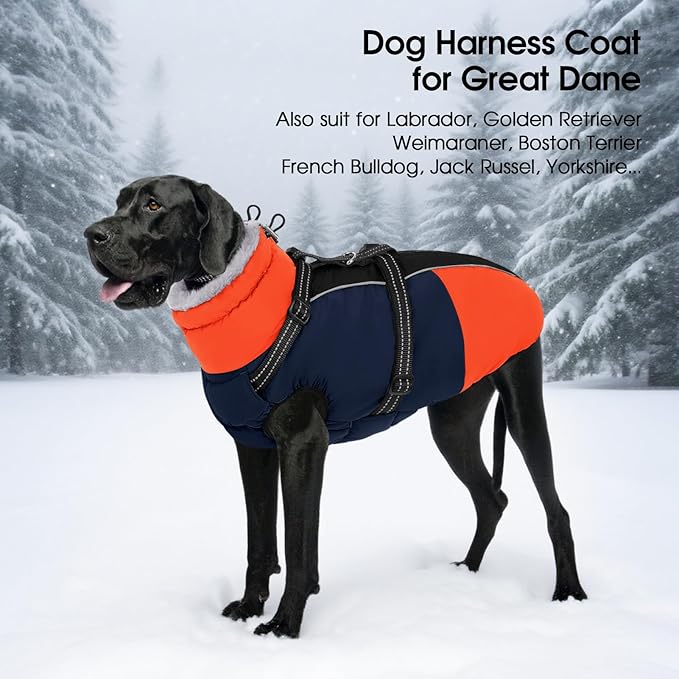 SUNFURA Dog Winter Coat, Warm Dog Coat with Harness for Medium Dogs Boys Girls, Reflective Fleece Lined Pet Winter Jacket Snowsuit for Pug, Jack Russel, Schnauzer, Blue M