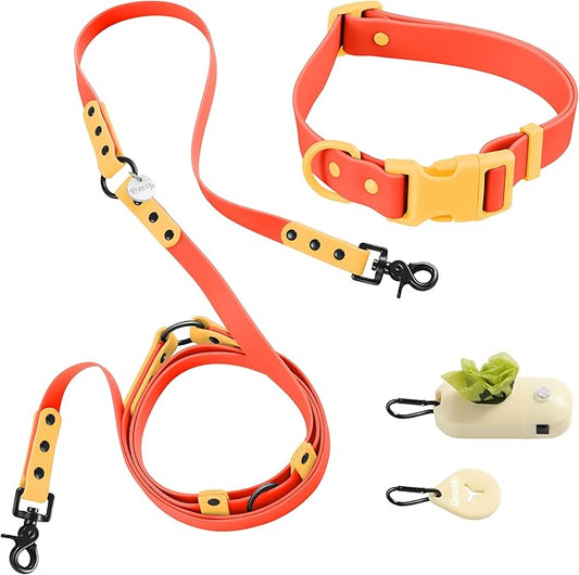 WLK1006A-5SET Luna Large 8FT Adjustable 6-in-1 Waterproof Hands-Free Leash and Collar with LED Flashlight, Bag Dispenser, and Poop Bag Holder, Aperol