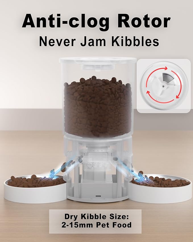 Automatic Cat Feeder for 2 Cats, 4.2L Dual Food Dispenser, Up to 6 Meals/Day, Portion Control, Voice Message, Dual Power Options (Transparent+White, Dual Stainless Steel Bowls)