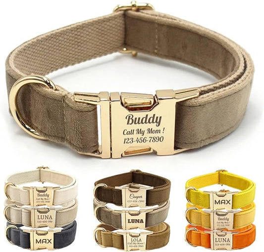 Velvet Personalized Dog Collar with Name - Customizable Dog Collar with Quick Release Metal Buckle - Leash and Bow Tie Available (Warm Gray, S)