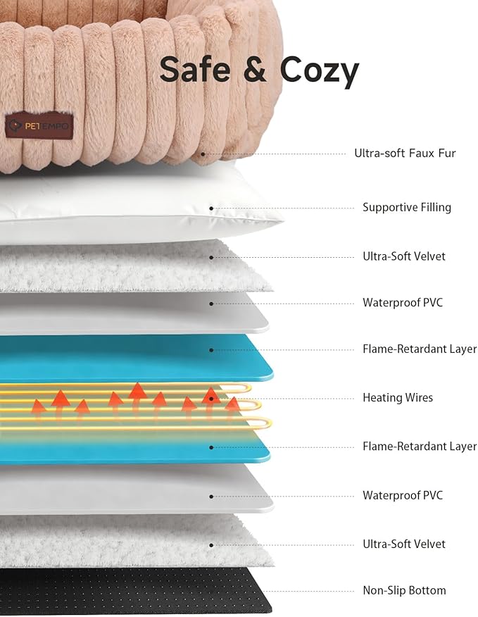 Heated Cat Bed Indoor, Pet Bed with 6 Temperature & 5 Timer Settings, Fluffy Cat Couch with Removable Machine-Washable Cover for Dogs Kitten Puppy in Winter, UL & FCC Certified, Medium, Brown