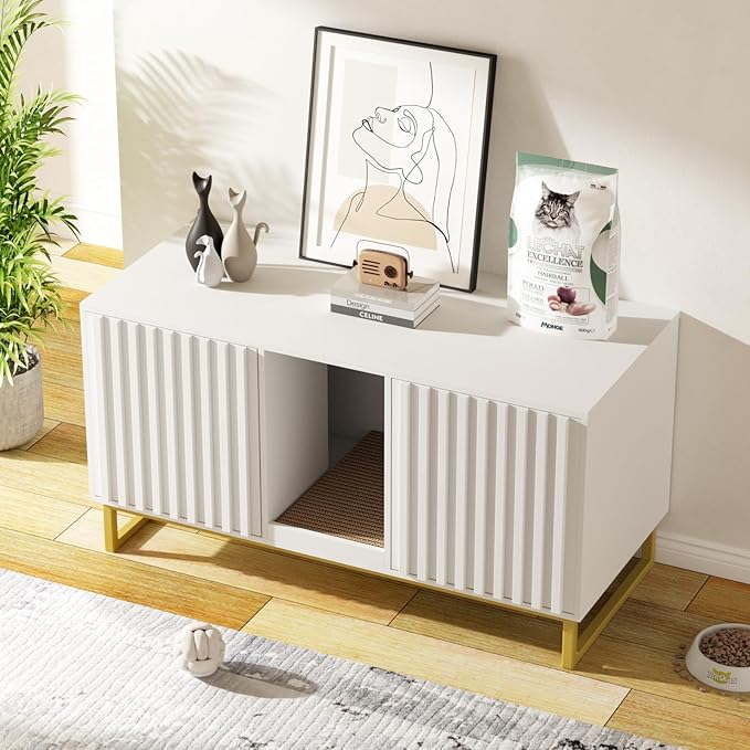 Double Litter Box Enclosure,Modern Cat Litter Box Enclosure for 2 Cats, Hidden Litter Box with Cat Scratch Pad, Cat Washroom Cat House End Table, Entryway Bench for Livingroom (White)