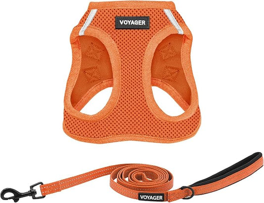 Voyager Step-in Air All Weather Mesh Harness and Reflective Dog 5 ft Leash Combo with Neoprene Handle, for Small, Medium and Large Breed Puppies by Best Pet Supplies - Harness Leash Set (Orange), XS