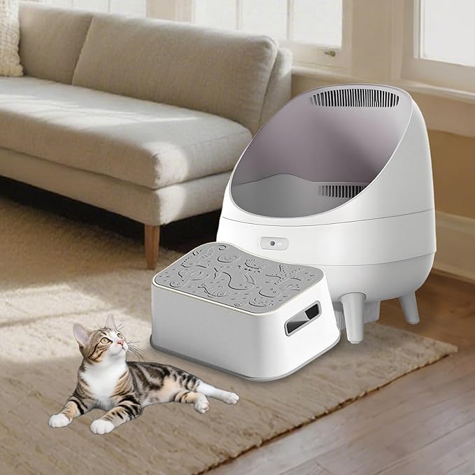 SpaceTime Elevated Cat Litter Mat for Litter Box,Trapping Litter Ramp/Steps for Floor Indoor,Washable Easy Cleaning Cat Pad with Filter Function,Suitable for Kitty & Senior Cats (Grey-Stool Shape)