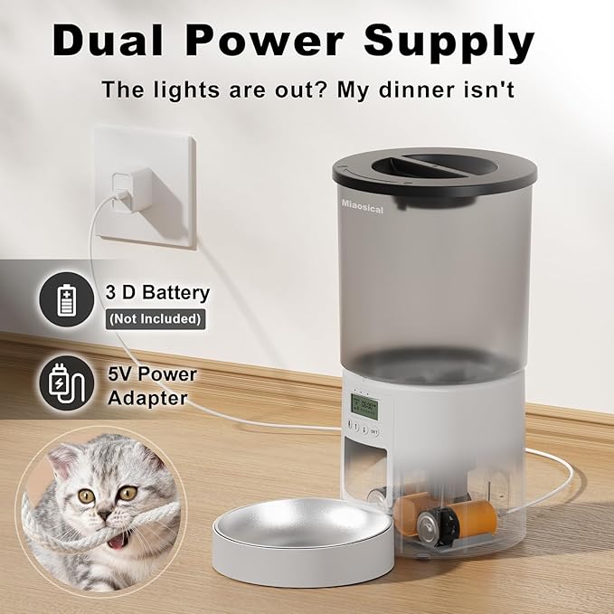 Automatic Cat Feeder with Dual Power Supply,Programmable 1-6 Meals Control Dry Cat Food Dispenser for Small Dog,Flexible Schedule Timer,10S Voice Record (White, 4.2L Basic Model)
