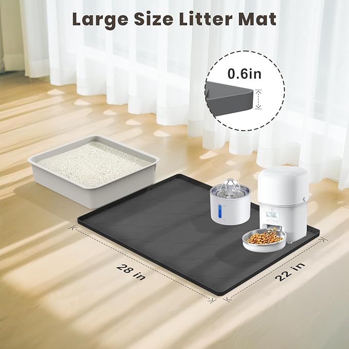 Cat Litter Mat, 28" X 22" Silicone Litter Box Mat, Cat Litter Trapping Mat for Indoor Use, Easy Clean for Scatter Control, Soft on Kitty Paws, Waterproof & Urine Proof, Black