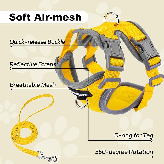 Small Dog Harness and Leash Set, No Pull Adjustable Pet Harness for Small Dogs, Breathable Mesh Rflective Dog Vest Harness (Yellow, M)
