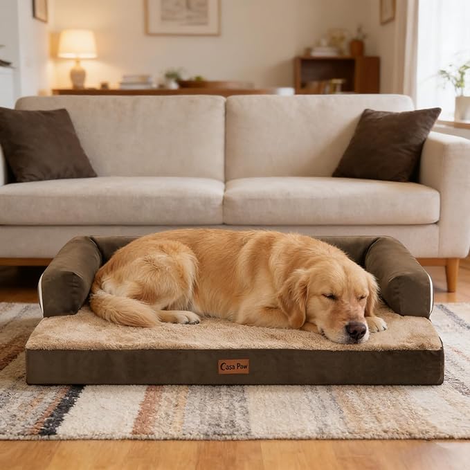 Orthopedic Dog Beds for Large Sized Dogs, Waterproof Egg Crate Foam Large Dog Couch Beds with Comfy Bolster 36x27Inch, Washable Pet Beds with Removable Cover and Nonskid Bottom, Brown