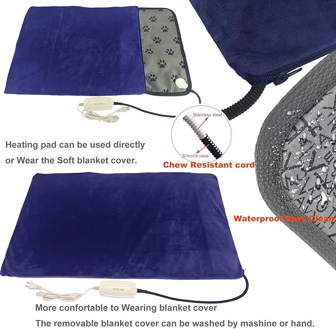 Pet Heating Pad for Large Dogs & Cats - 34"x21" Waterproof Heated Bed with Chew-Resistant Cord, Adjustable Temperature & Removable Washable Cover