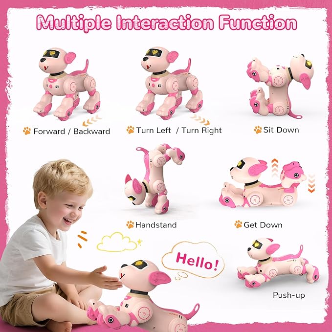anysun Remote Control Robot Dog Toy for Kids, Programmable Smart Puppy Intelligent Learning Dancing Walking RC Robot Toys for Girls and Boys (Pink)