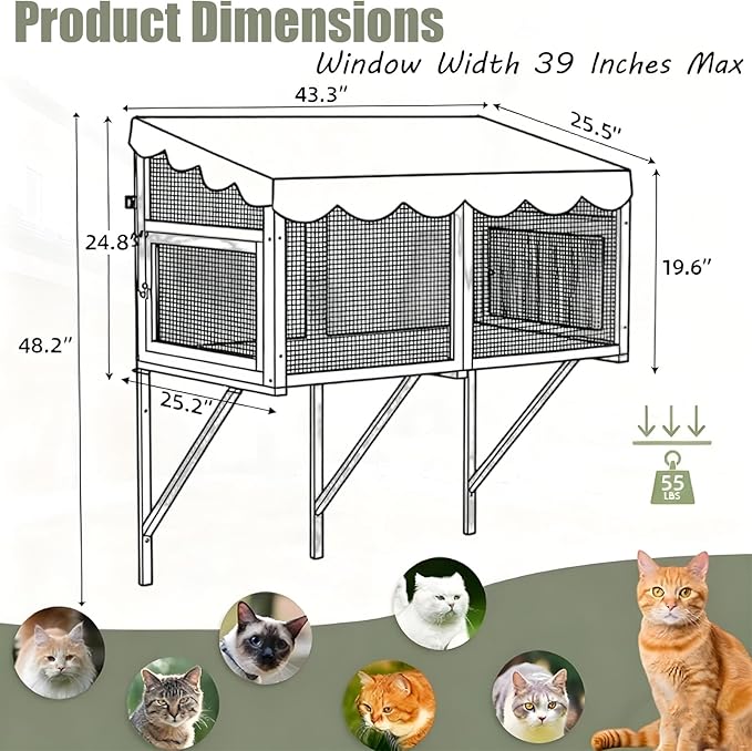 Cat Window Box,Outdoor Enclosure for Indoor Cats,Expandable Cat Window Perch for Indoor CatsCat Wall-Mounted Perch Suitable for Wooden&Cement Wall for Sunbathing,Napping,Overlooking,All Weather Use