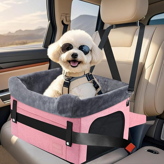 PetsHome Dog Car Seat for Small Dogs, Detachable Washable Dog Booster Car Seat with Storage Pocket, Breathable Mesh, Safety Leash, Adjustable Straps for Small Pets Up to 25lbs-Pink