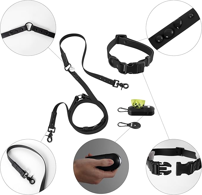 WLK1005I-5SET Luna Medium 8FT Adjustable 6-in-1 Waterproof Hands-Free Leash and Collar with LED Flashlight, Bag Dispenser, and Poop Bag Holder, Bitters