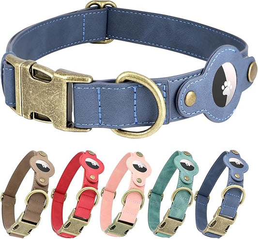 AirTag Dog Collar for Large Dogs - Soft Leather Dog Collar with Apple AirTag Holder and Metal Buckle - Smart Tracker GPS Apple Air Tag Pet Collars (Navy Blue, L)