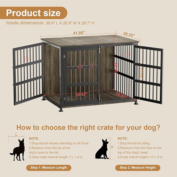 42" Furniture Style Large Dog Crate with Wheels, Metal Chew-Resistant Dog Kennel Indoor for Large & Medium Dogs, 41.9" W x 28.3" D x 31.7" H, Decorate House as TV Stand, End Table — Grey