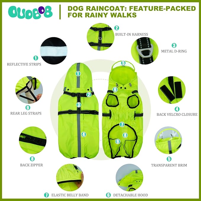 Dog Raincoats for Large Dogs with Hood, Waterproof Dog Rain Coat with Adjustable Built-in Harness & Back Zipper, Reflective Strip, for Rainy Walks, Muddy Roads - Fluorescent Green L