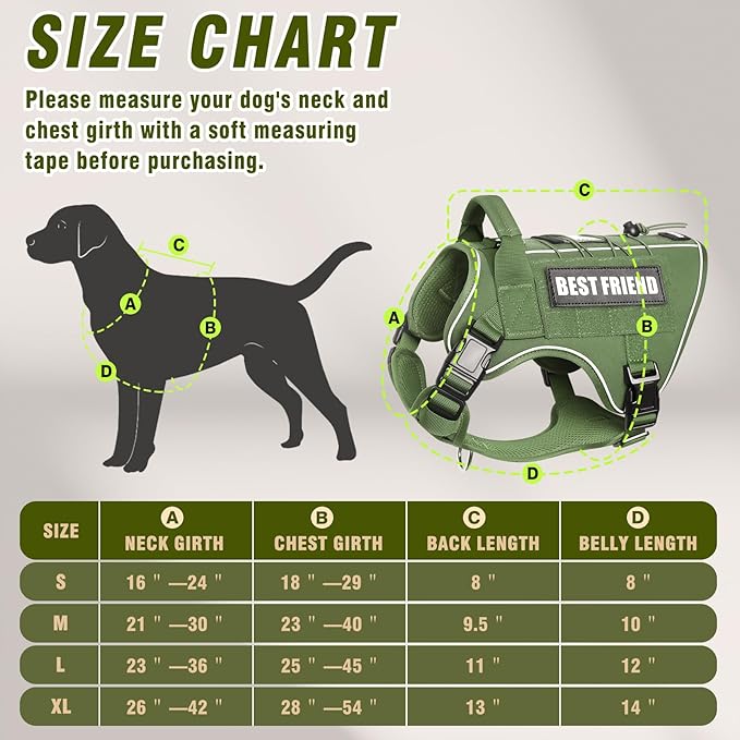 Tactical Dog Harness Medium Sized Dog,No Pull Military Dog Vest with Handle&Molle,Reflective Heavy Duty Pet Harness for K9 Working Walking Hiking Training Green M