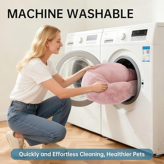 OhGeni 20 inches Calming Donut Dog & Cat Bed for Small Pets, Warming Comfort Fluffy Short Pile Fur, Durable Machine Washable Round Bed, Cute Round Bed for Puppy and Kitten, Pink