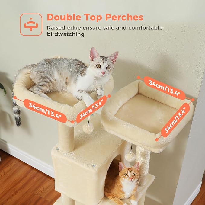 Cat Tree, 52.4 Inch Multi-Level Cat Tower for Indoor Cats with Dual Padded Top Perches, 2 Condos & Scratching Posts, Plush Cat Furniture for Kittens and Medium Cats, Beige