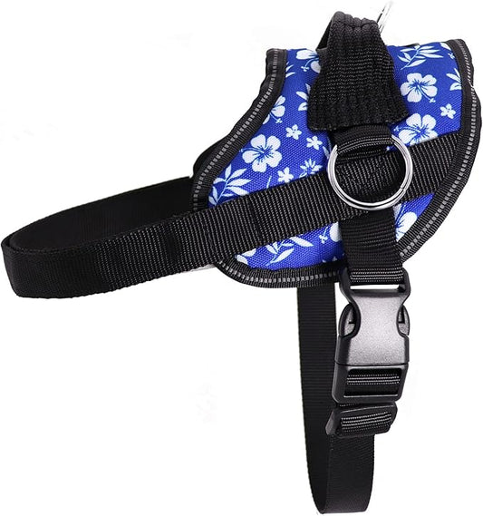 Bark Appeal Blue Hibiscus No-Pull Dog Harness for Large to Extra Large Sized Pets – Adjustable, Reflective Vest with 3 Leash Clips for Added Control, Easy Walks & Training – XL