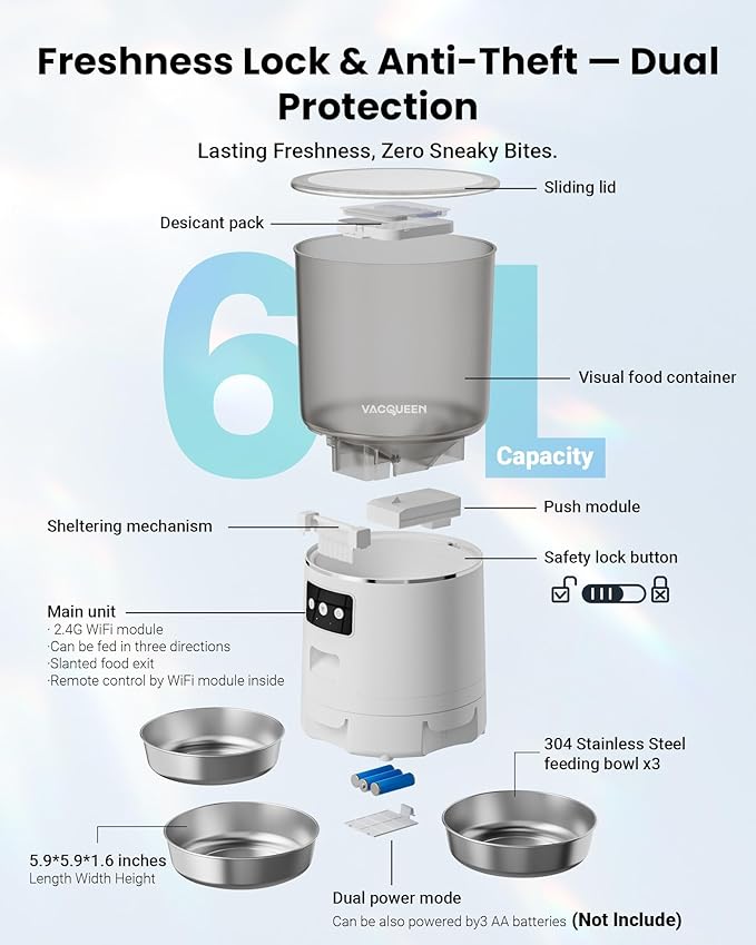 Automatic Cat Feeder for 3 Cats, 6L/25 Cup Cat Food Dispenser with Strong Anti-Jam System, Dual-Effect Desiccant, Smart WiFi App Control Pet Feeder, Automatic Dog Feeder for Cats and Small Dog