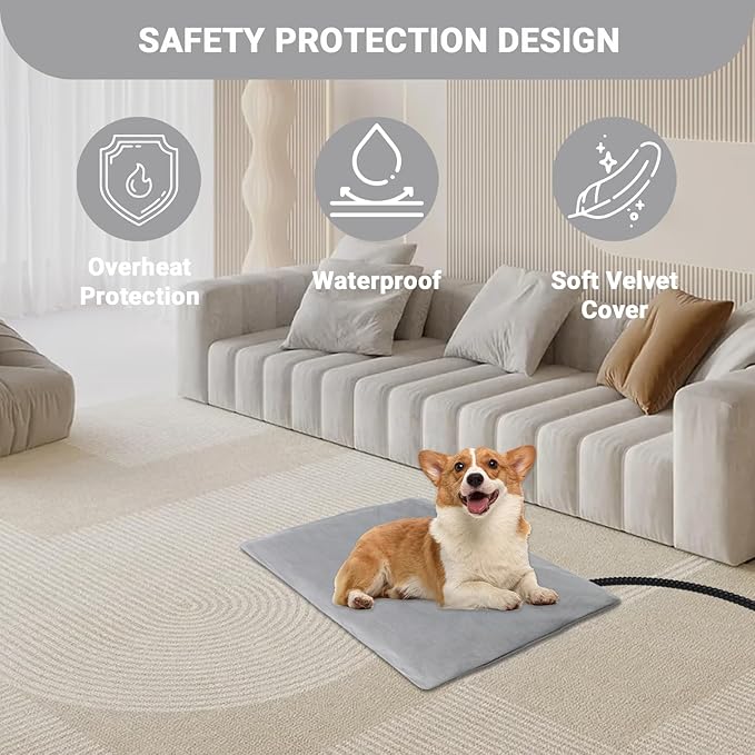 Pet Heating Pad for Dogs and Cats with Temperature Adjustable Timer, Indoor Outdoor Heated Bed with Overheating Protection and Warming Pad for Cat Dog House