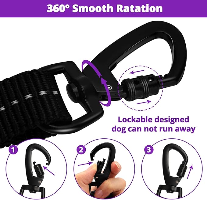 Rope Dog Leash 5 FT: Heavy Duty Leashes with Swivel Lockable Hook Reflective Threads Bungee and Padded Handle - Dog Lead for Large Small Medium Dogs Outside Walking Hiking Purple