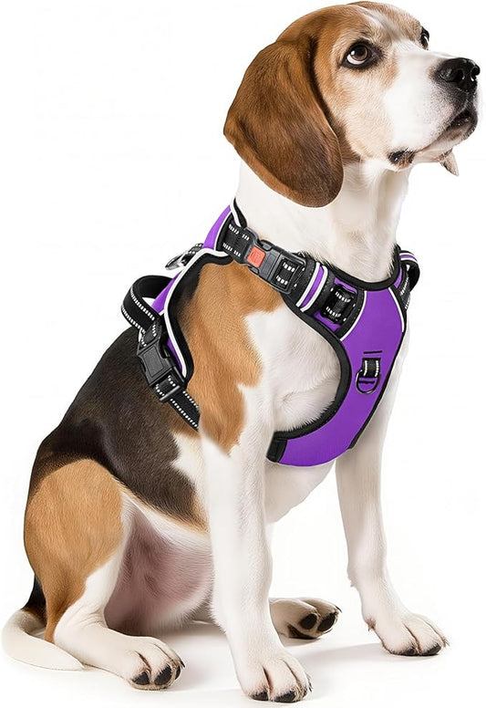Timos Dog Harness Medium Sized, No Pull with Neck Lockable Snap,No Choke Front Clip Dog Reflective Harness,Adjustable Metal Rings 3 Buckles,Easy Control Handle for Medium Dogs Purple M