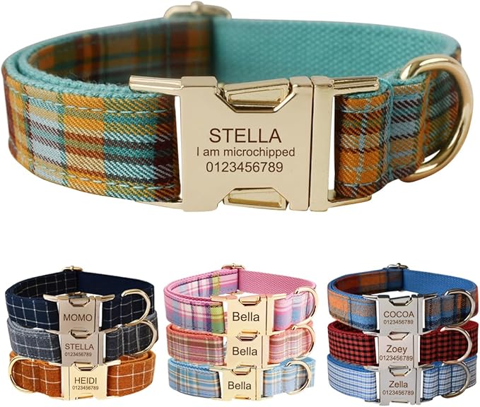 Custom Dog Collar with Metal Buckle - Pet Collars Personalized with Name and Phone Number (Plaid)